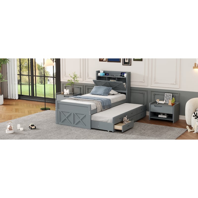 Gray Twin Size Extendable Bed with Storage Headboard and Drawers
