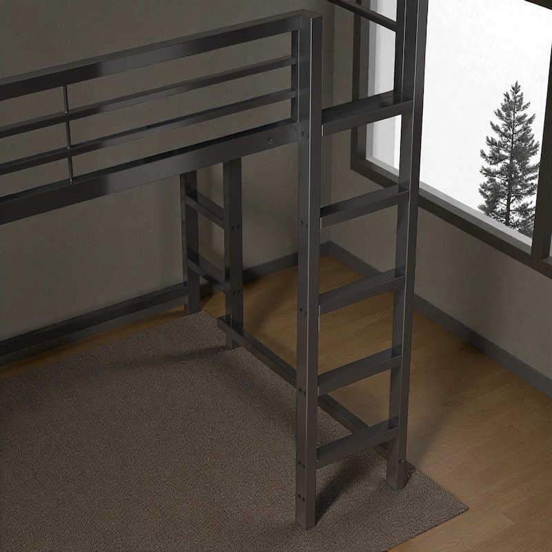 Full Size Metal Loft Bed with Desk, Storage Shelves & Guardrails, Space-Saving Workstation Loft Frame for Teens & Adults