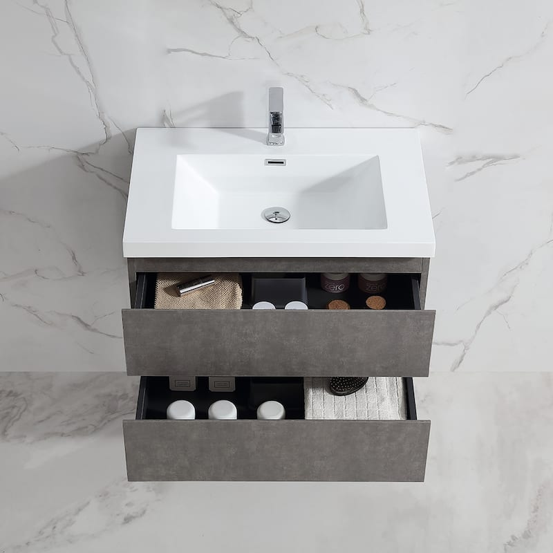 Floating Bathroom Vanity 24"-48" – Cement Gray Finish, White Integrated Sink