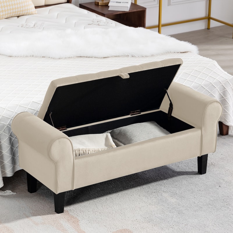 Velvet Storage Bench With Rubber Wood Legs for Bedroom