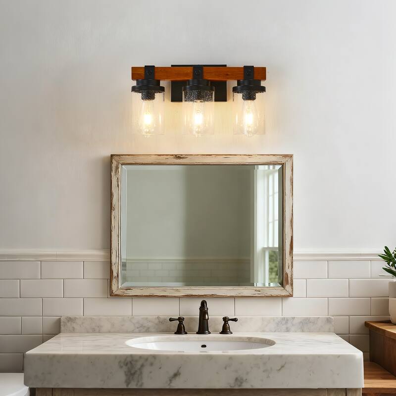 3-Light Matte Black And Wooden Wall Lamps With Glass Shades(No Bulbs) For Bathroom Or Bedroom