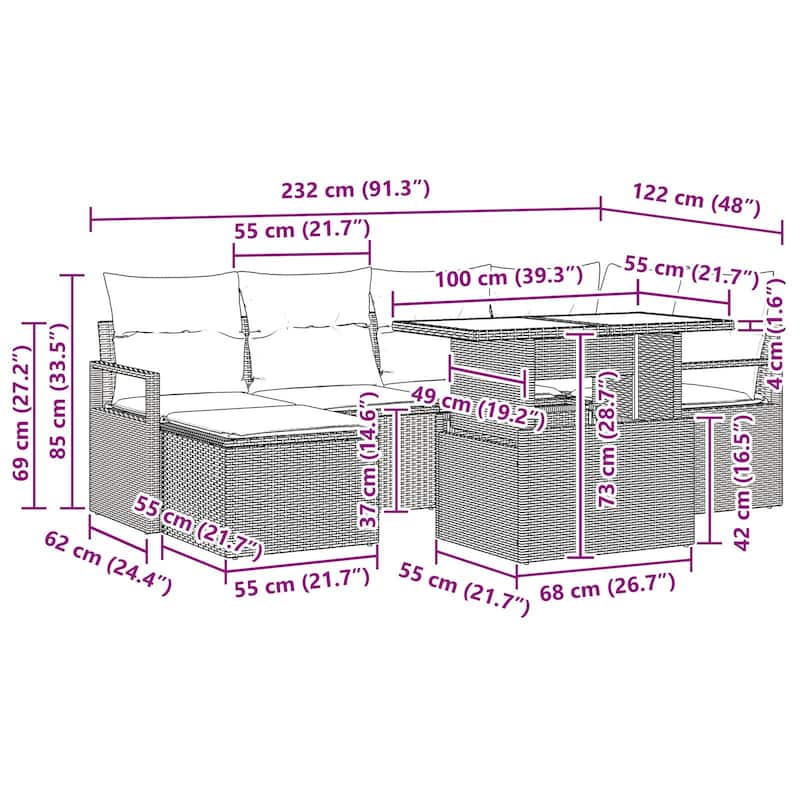 vidaXL 7 Piece Garden Sofa Set with Cushions - 91.3×48×27.2
