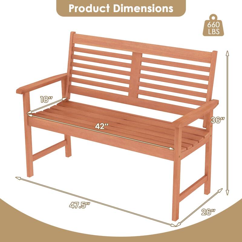 Wood Outdoor Bench 2-Person Patio Bench with Ergonomic Backrest