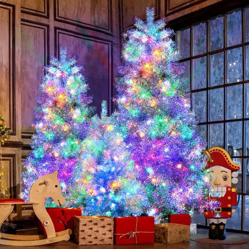 Roomfitters Pre-Lit Artificial Christmas Tree Set 4FT 6FT 7.4FT, Holiday Trees with Metal Stands, Warm Lights, Silver