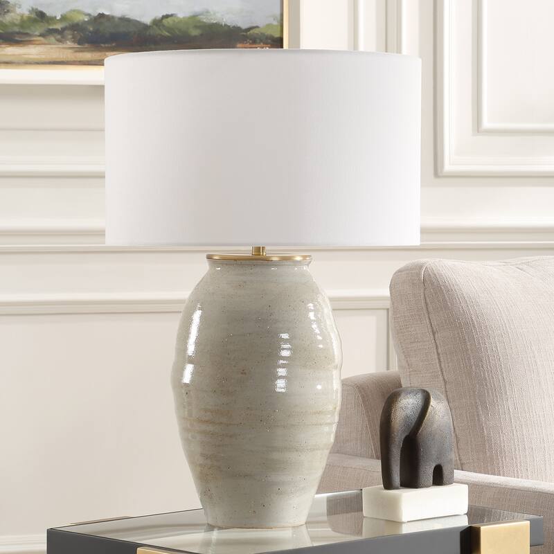 Ceramic Table Lamp with White Drum Shade - 27.75" - Beige