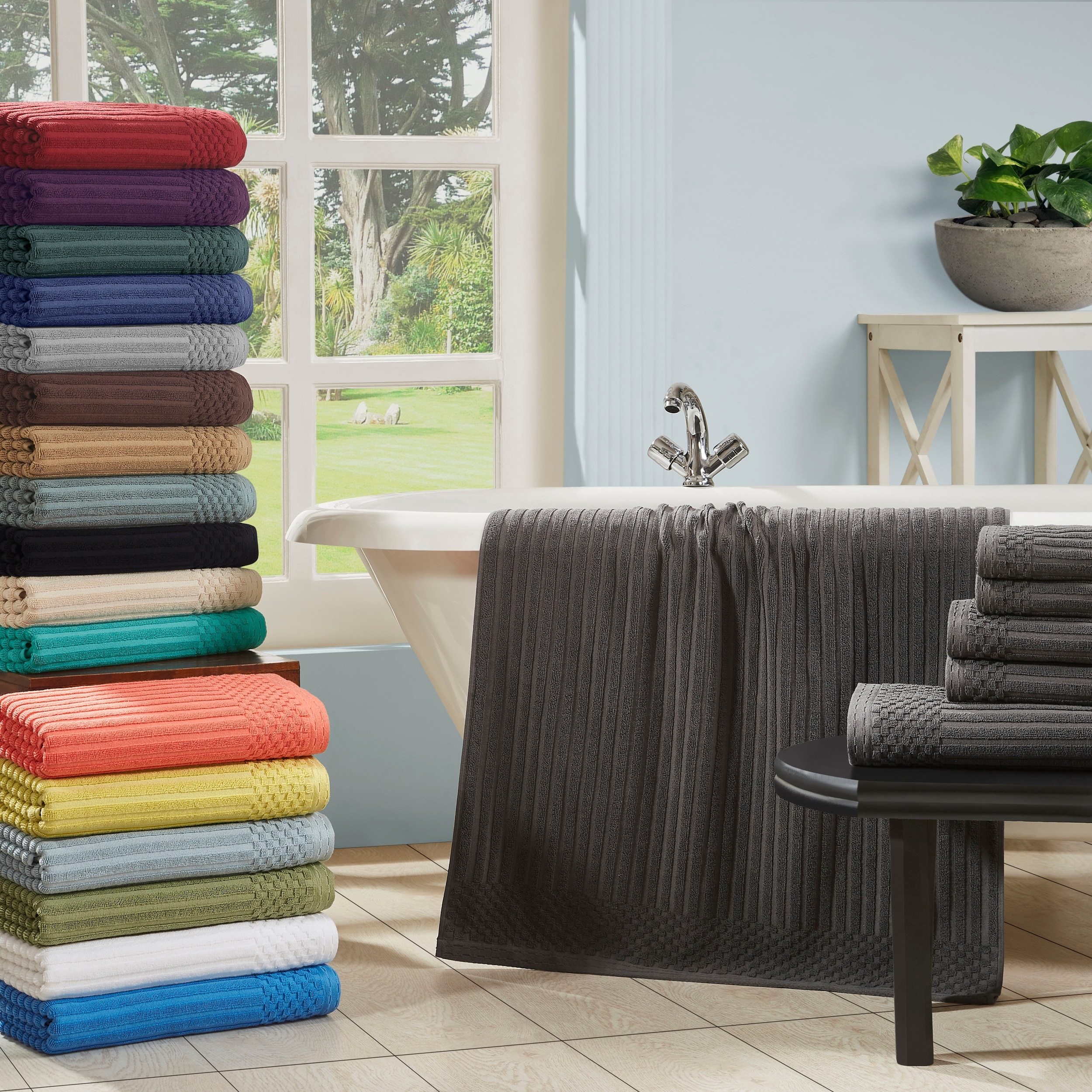 Superior Ribbed Cotton Absorbent Heavyweight Hand Towel and Bath Towel Set