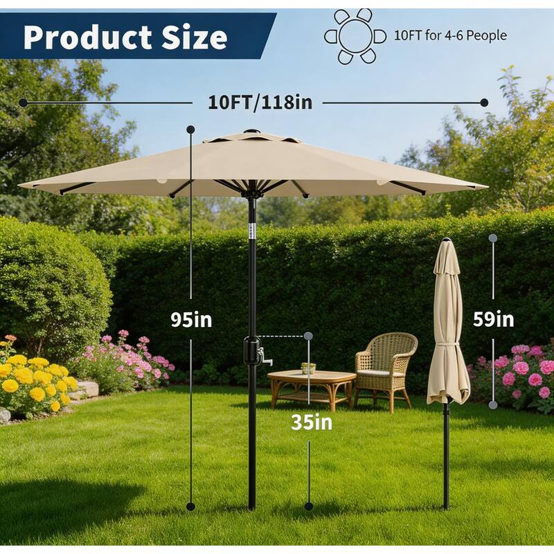 10ft Outdoor Patio Umbrella, with Crank Lift & Push Button Tilt, UV Protection Waterproof