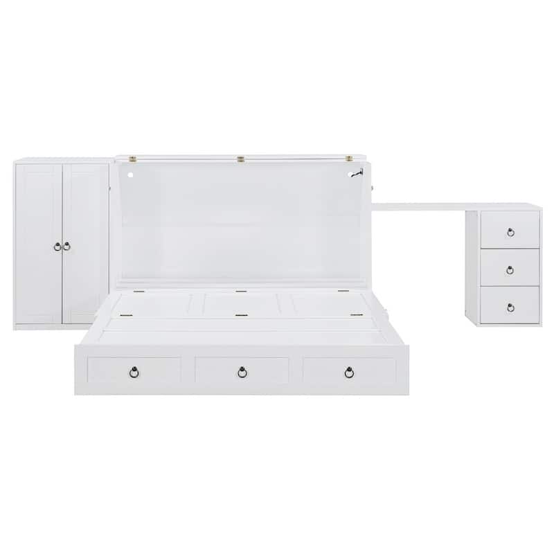 Queen Modern Wooden Murphy Bed with USB Port and Large Drawer(Mattress Not Include)