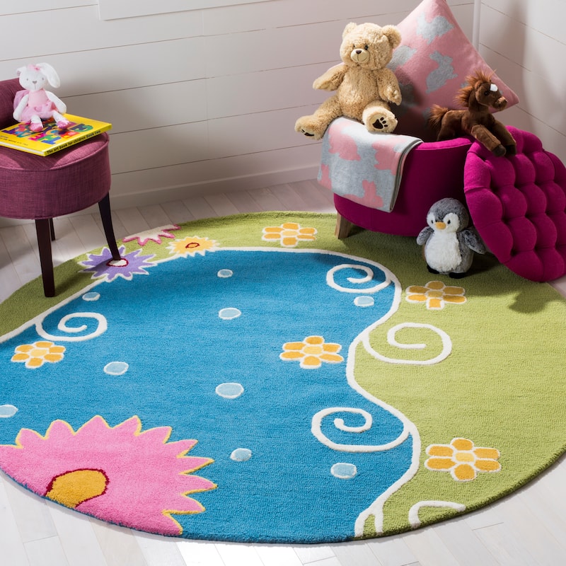 SAFAVIEH Handmade Kids Eriola Wool Rug - 4' Round - Blue/Green - Round