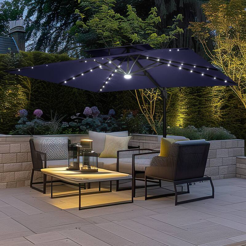 9 x 11 FT Outdoor Double Top LED Lighted Patio Cantilever Umbrella with Base Stand