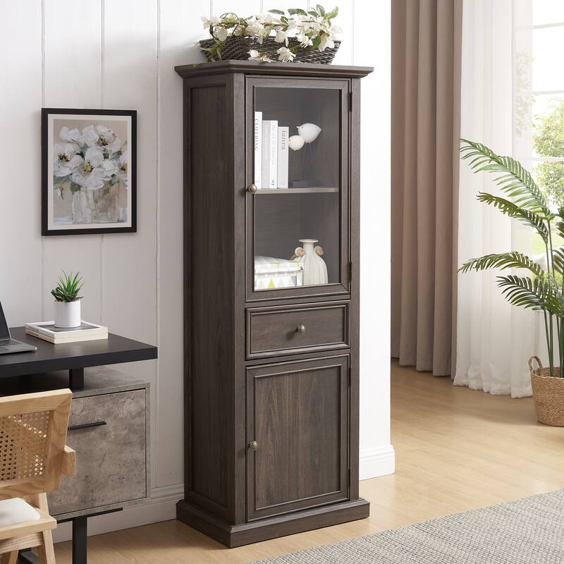 Modern Tall Storage Cabinet with Glass Door, Drawer and Shelves for Living Room, Kitchen, Dining Room