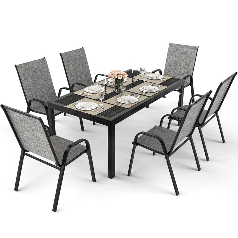 6-Person Patio Dining Set, Textilene Stackable Chairs and Rectangular Table with Umbrella Hole