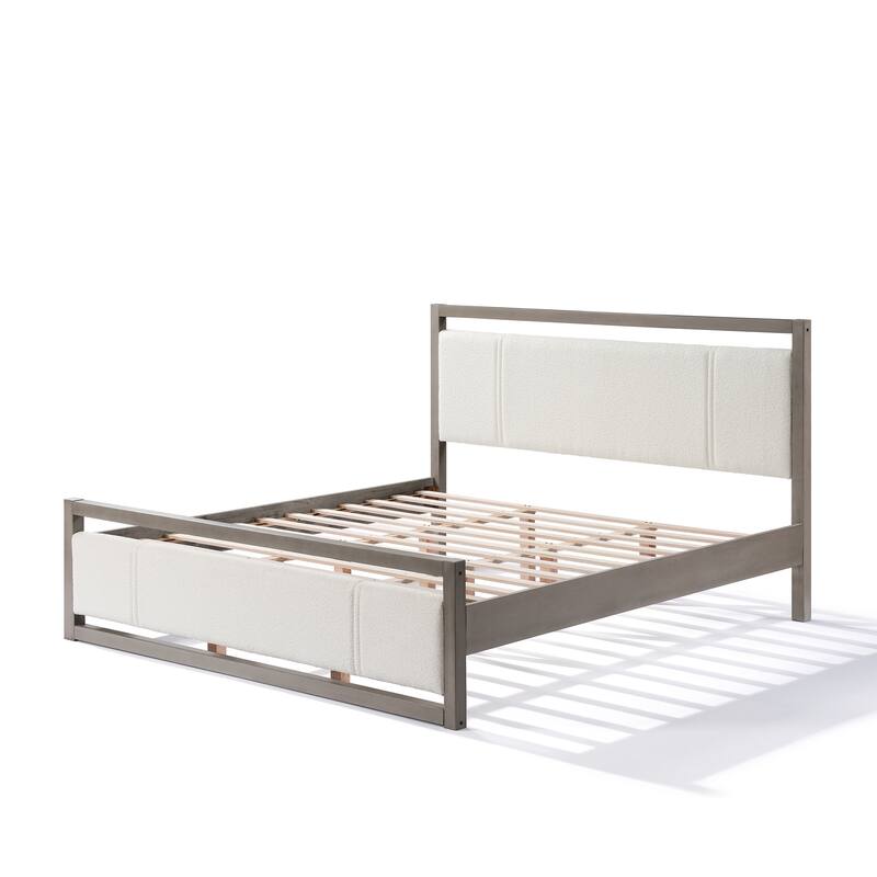 Queen/King Size Platform Bed, Solid Wood Bed Frame with Ivory Boucle Upholstered Headboard and Footboard, Wooden Slats Support