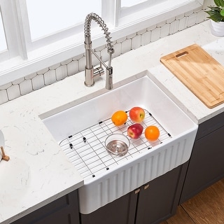 White Fireclay Farmhouse Apron Kitchen Sink with Grid and Strainer