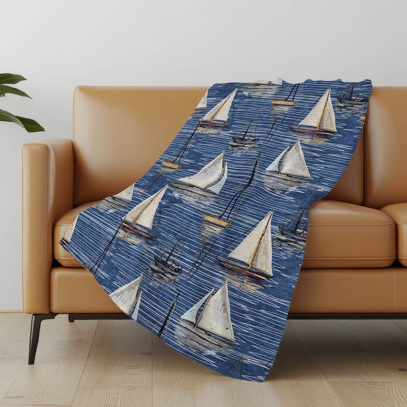Premium Machine Washable ASB153 Coastal Sailboats Sherpa Throw Blanket - Navy - 4'2" x 5'10"