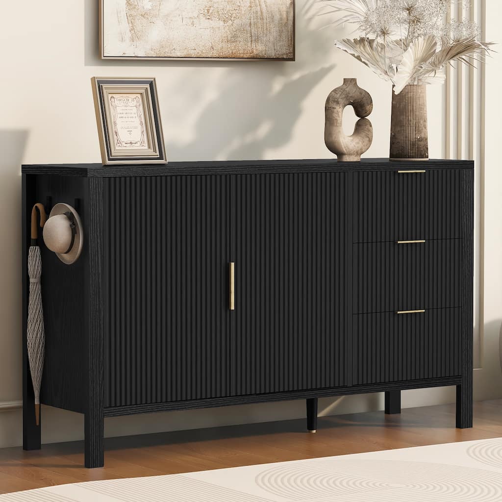 Modern Wave-Pattern Sideboard Large Storage Buffet Cabinet with 3 Drawers and Hooks, for Living Room Entryway, Hallway, Black