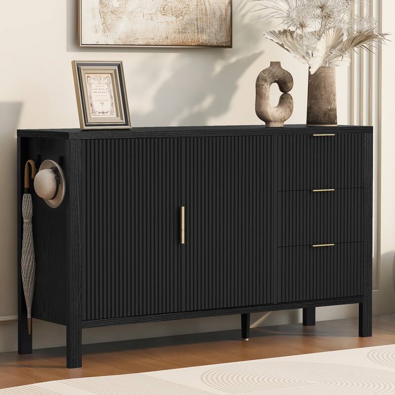 Modern Wave-Pattern Sideboard Storage Cabinet with 3 Drawers and Hooks