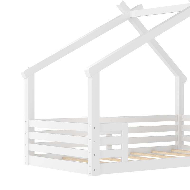 Wooden House Floor Bed, Modern Kids Montessori Playhouse Bed Frame with Window and Roof