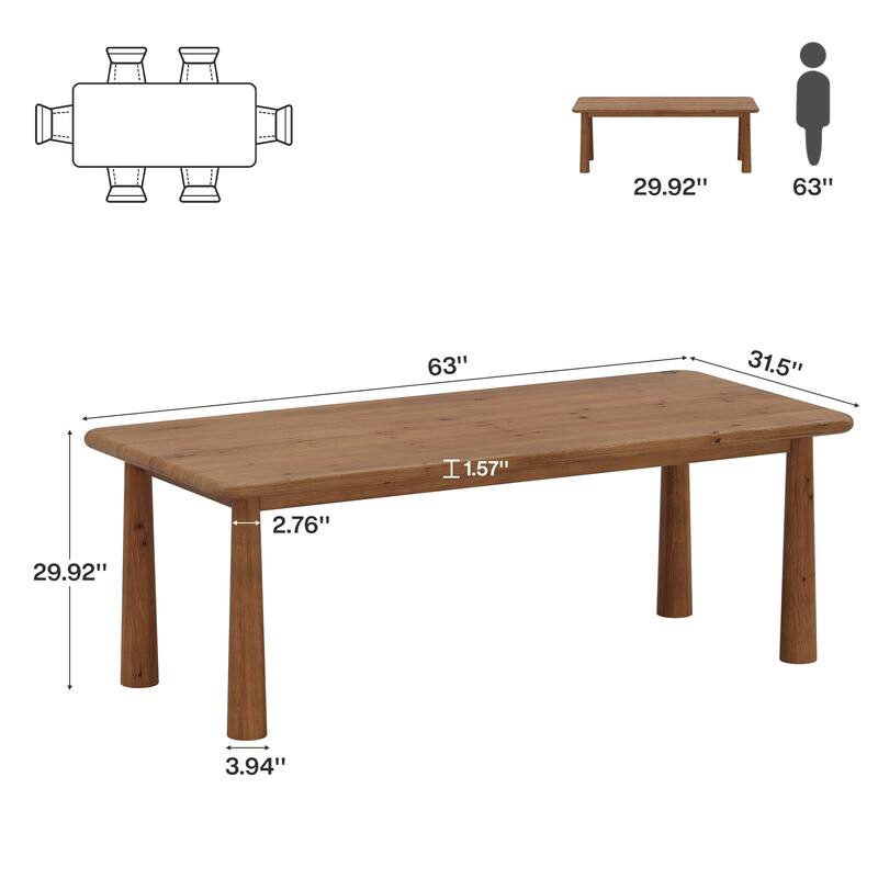 63'' Solid Wood Dining Table, Kitchen Table Dining Room Furniture