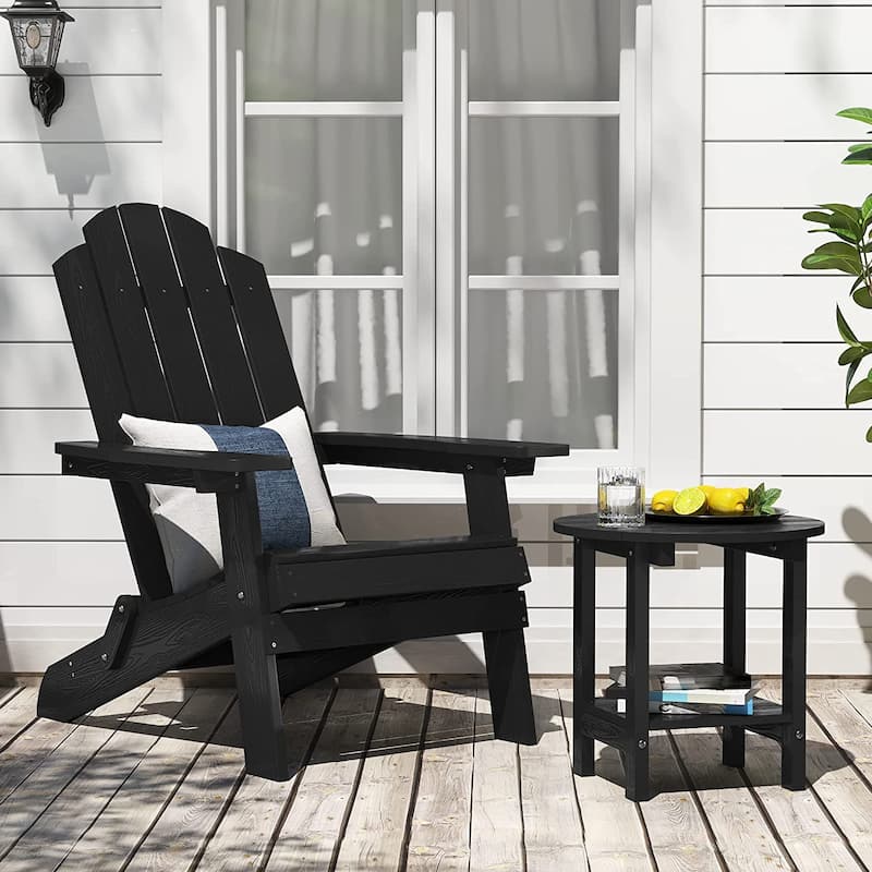 WINSOON 2-Piece All Weather HIPS Outdoor Folding Adirondack Chair and Table set - Black