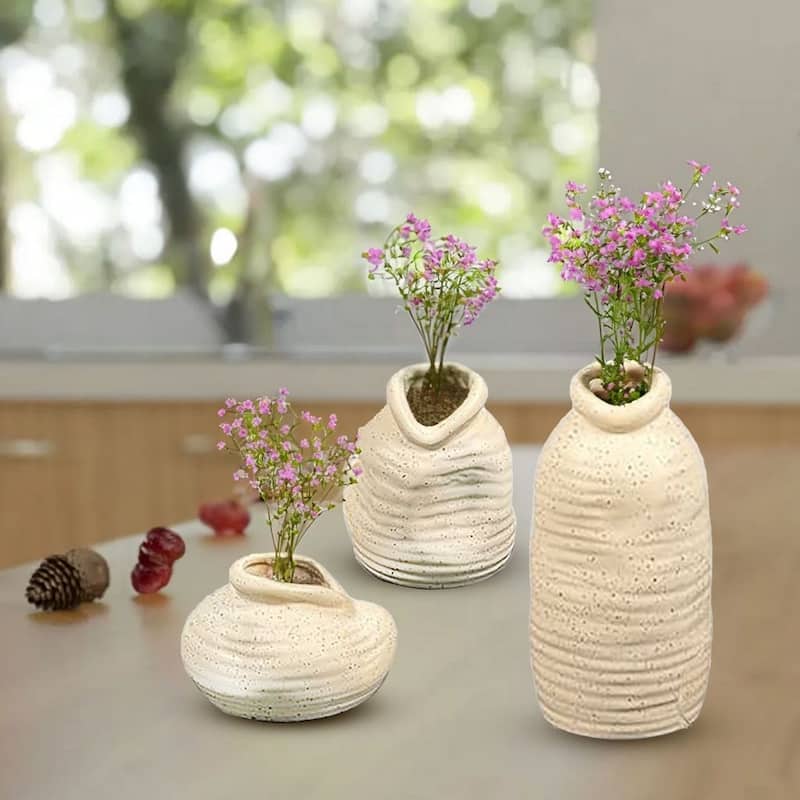 Set of Three Speckled and Artistic Cream Ceramic Vases
