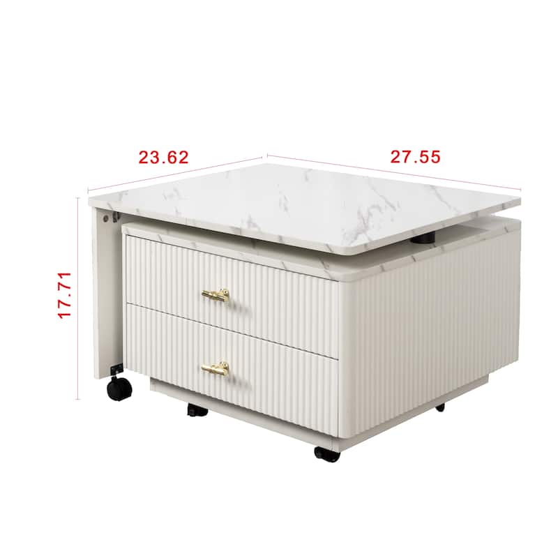 Roomfitters Extendable Coffee Table with Storage, Reversible Square Table with 2 Drawers and 6 Wheels for Living Room, White