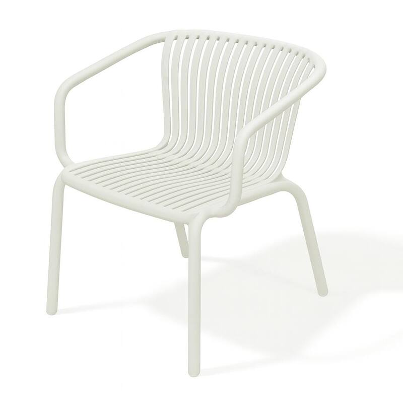 Brene 3-Piece Contract Grade Outdoor Chat Set with side table and 2 stackable lounge chairs.