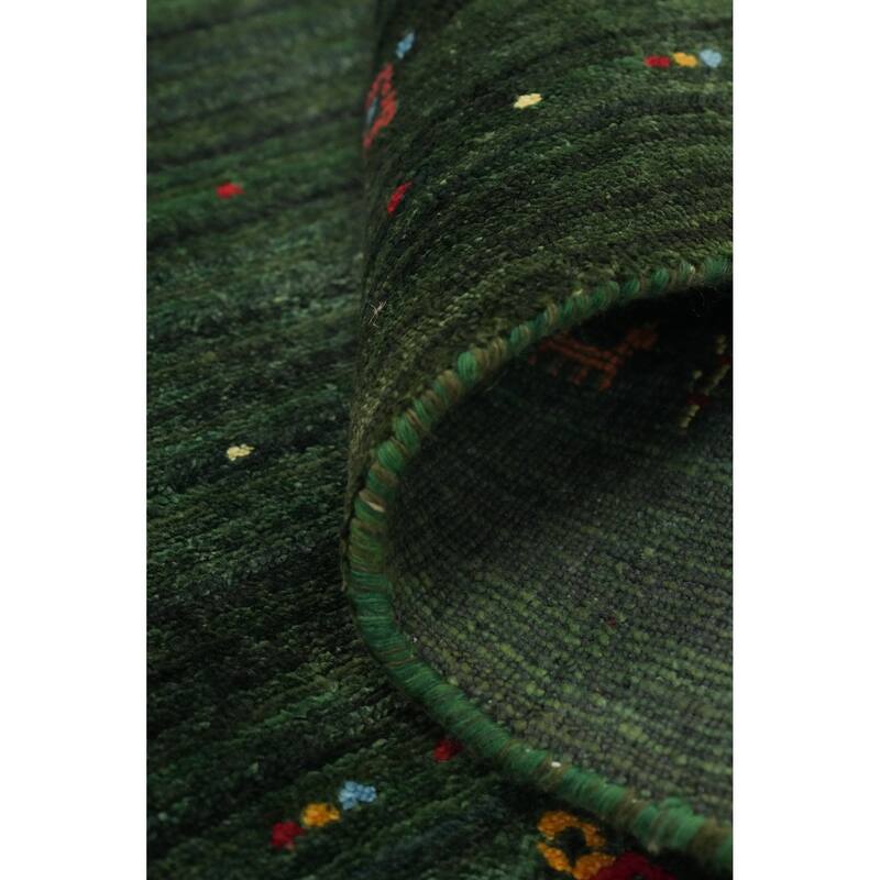Hand Knotted Oriental Viscose Silk Carpet Tribal Animal Pictorial Green Gabbeh Runner Rug - 7' 5'' X 2' 10''
