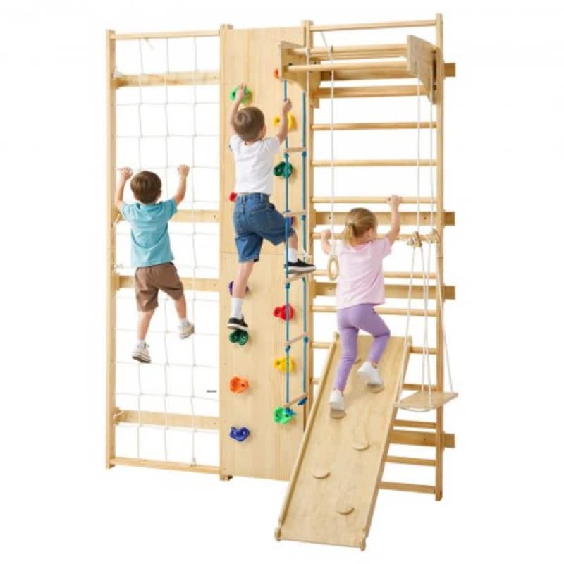 9 in 1 Wall Mounted Indoor Jungle Gym Climbing Playset Solid Pine Wood for Kids and Adults with Ladder and Stall Bars