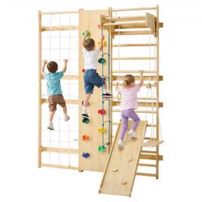 9 in 1 Wall Mounted Indoor Jungle Gym Climbing Playset Solid Pine Wood for Kids and Adults with Ladder and Stall Bars