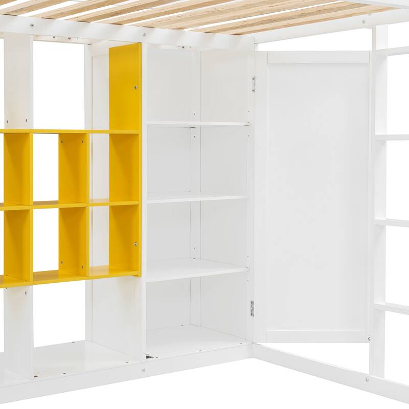 Wooden High Loft Bed with Reversible Ladder, Storage Loftbed Frame with Wardrobe, Shelves and Cabinet, No Box Spring Needed