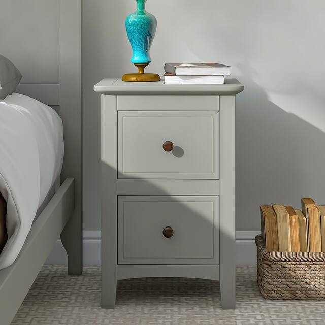 2 Drawers Solid Wood Nightstand End Table in White - Grey