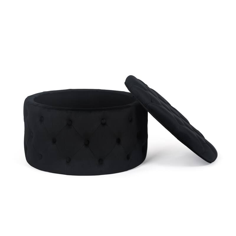 Adeco Round Velvet Storage Ottoman, Button Tufted Footrest Footstool