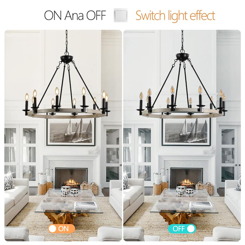 32" Rustic Farmhouse 10-Light Candle Chandelier, Black Metal and Wood Round Hanging Light Fixture for Dining Room,Living Room