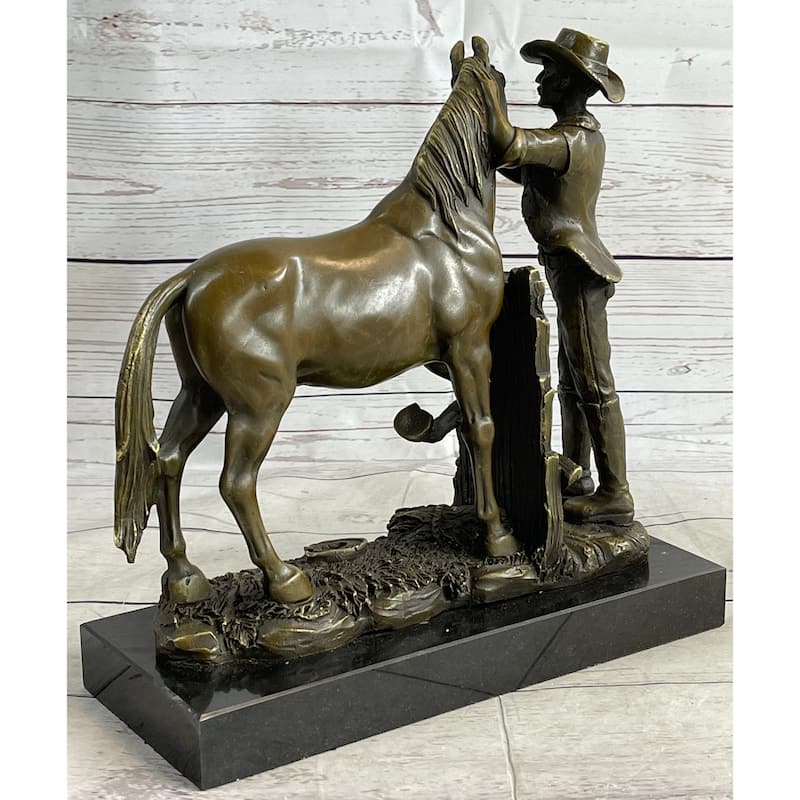 Cowboy Rancher Tending Imitative Horse Bronze Statue Sculpture Figure Western Decor 11 Inches X 12 Inches