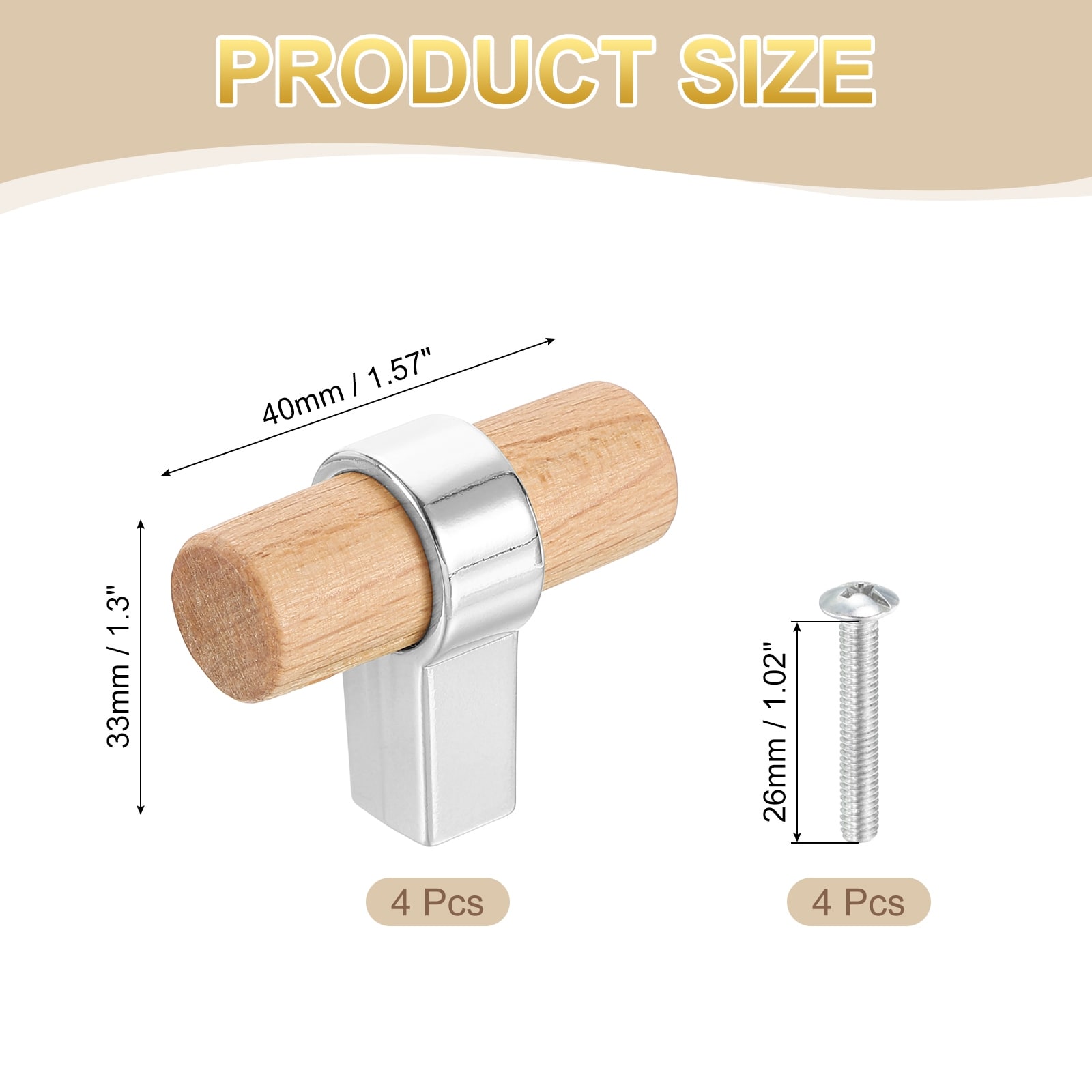 T-Bar Wooden Drawer Pulls, Wood Cabinet Pulls Single Hole Drawer Knobs with Base and Screws for Home Kitchen