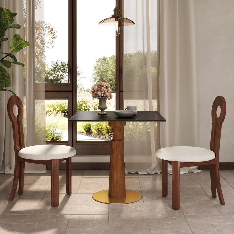 33" Retro Square Side Table, Glass & Sintered Stone Tabletop Dining Table with Solid Wood Pedestal