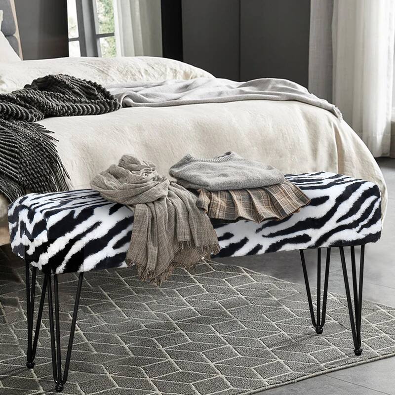 Home Soft Things Animal Pattern Ottoman Bench with Black Metal Legs - 46"x16"x22" - Black/White Zebra