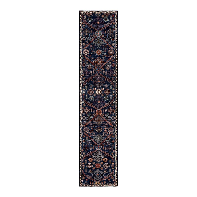 Overton Hand Knotted Wool Vintage Inspired Traditional Serapi Blue Runner Rug - 2' 7" x 11' 8"