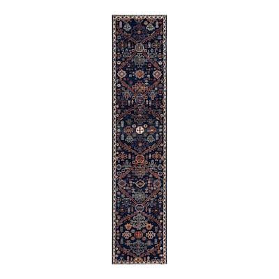 Overton Hand Knotted Wool Vintage Inspired Traditional Serapi Blue Runner Rug - 2' 7" x 11' 8"