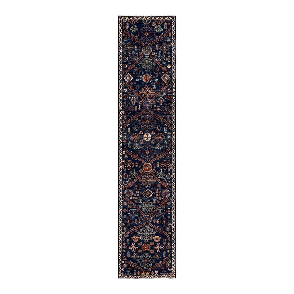 Overton Hand Knotted Wool Vintage Inspired Traditional Serapi Blue Runner Rug - 2' 7" x 11' 8"