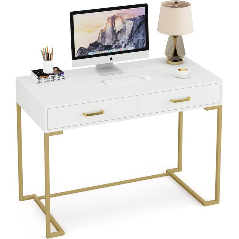 40"White and Gold Computer Desk with 2 Drawers, Modern Home Office Desk, Compact Writing Table, Vanity Desk for Bedroom