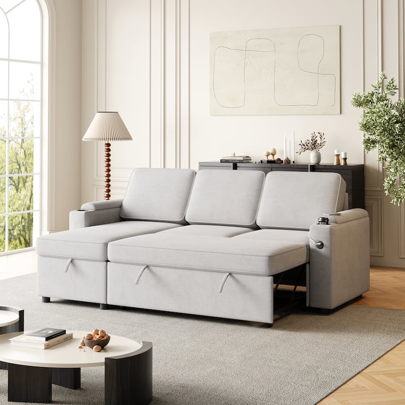 85.8" Sleeper Sofa with Pull Out Bed with Charging Port - Light Grey