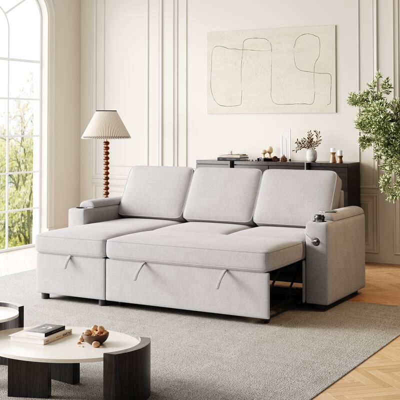 Sleeper Sofa with Storage, Cup Holder and USB Charging Port,Couch with Pull Out Bed, Daybed for Living Room Bedroom