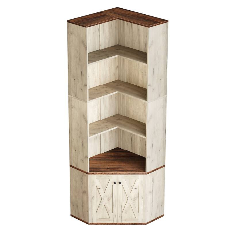 Farmhouse L-Shaped Corner Shelf Bookcase with Hidden Cabinet