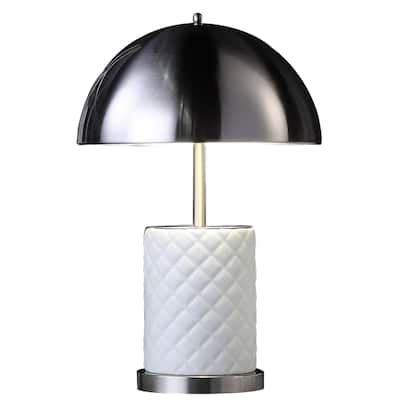 Aria 21 Inch Table Lamp, Round, Dome Shade, Dark Silver, White Faux Leather