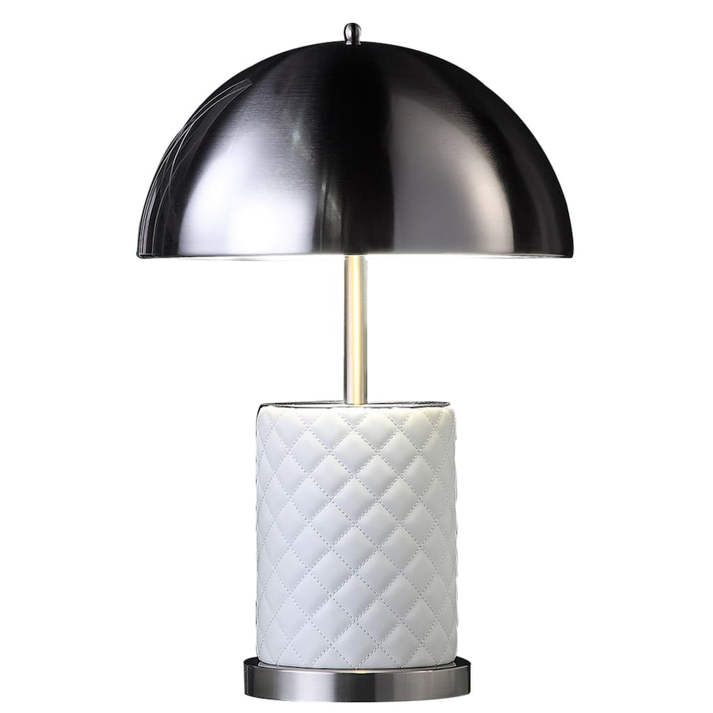 Aria 21 Inch Table Lamp, Round, Dome Shade, Dark Silver, White Faux Leather