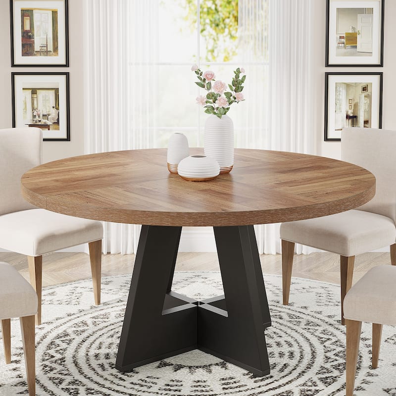 47 Inch Round Dining Table for 4, Wood Farmhouse Dinner Dinning Table for Kitchen Dining Living Room - Brown+Black