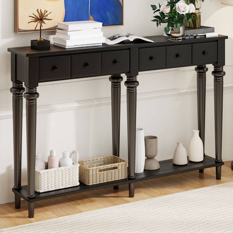 Entryway Table with 4 Drawers, Retro Console Table with Open Shelf for Entryways