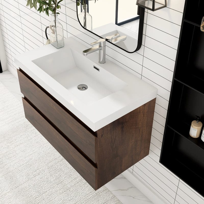 24"/30"/36"/48" Wall-Mounted 2-drawer Bathroom Vanity Set with Integrated Resin Sink